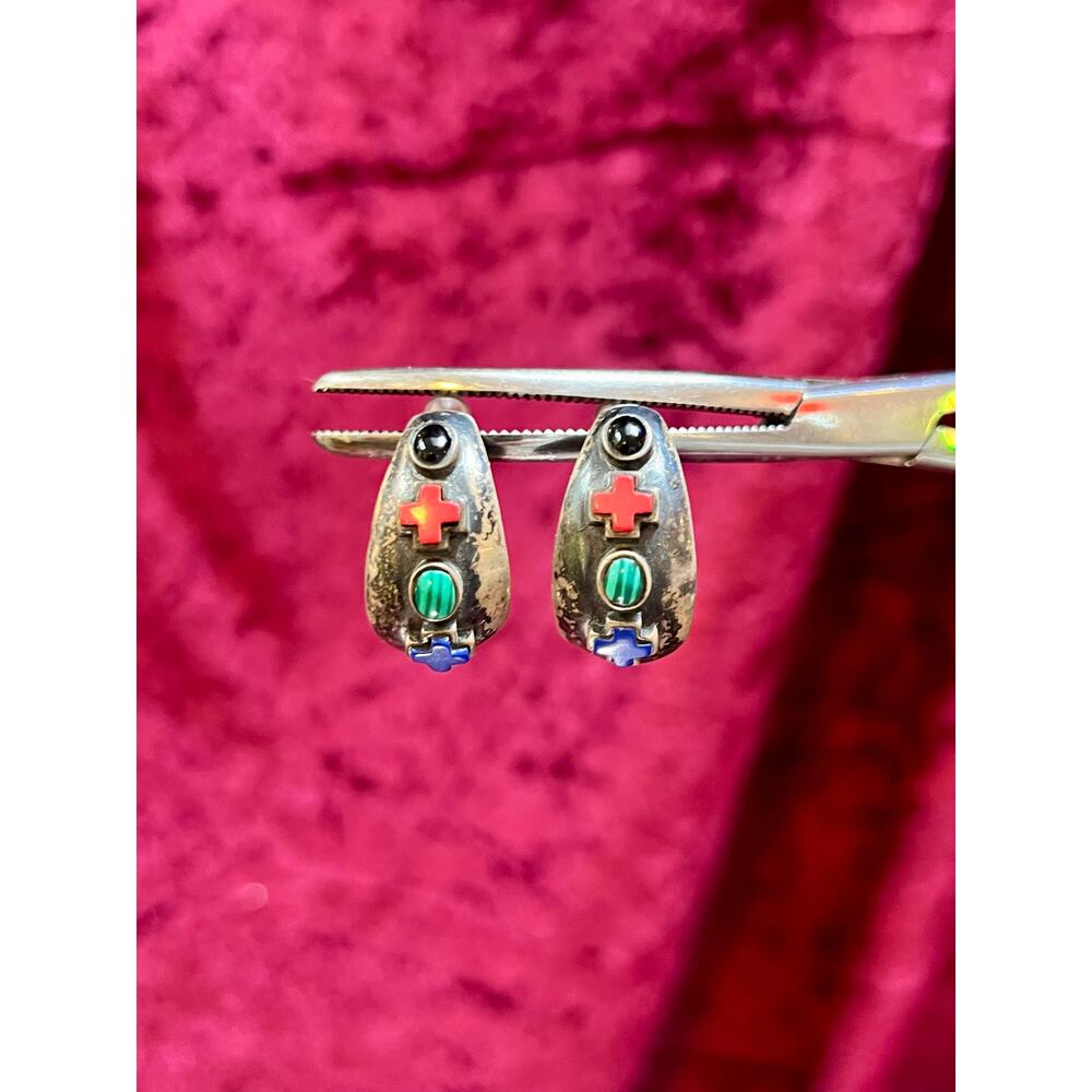 Vintage Jewelry Half Hoop Earrings Sterling Silver Inlaid Stones Signed SE